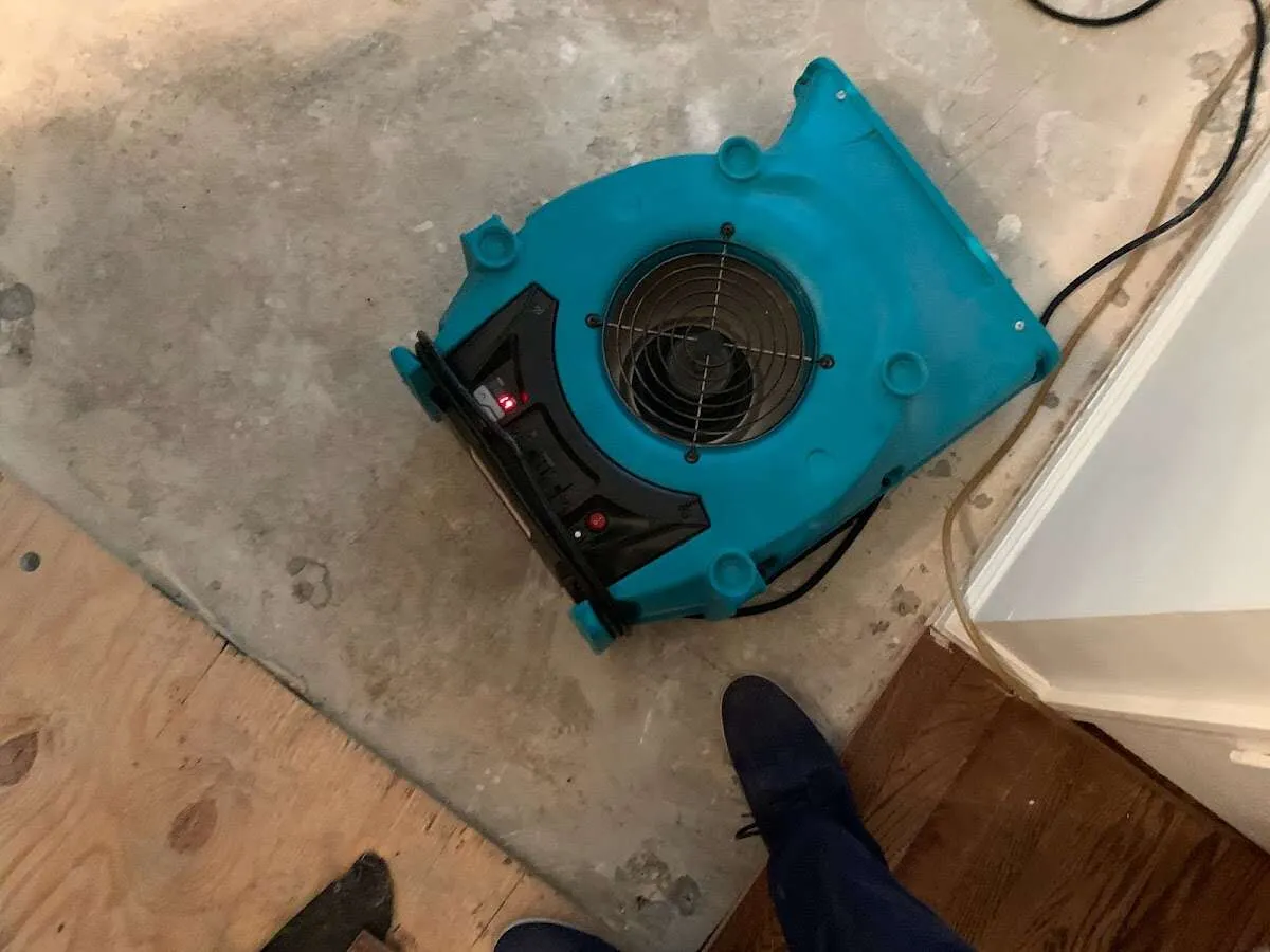 Air mover drying subfloor during Commercial Water Damage Restoration in East Moline